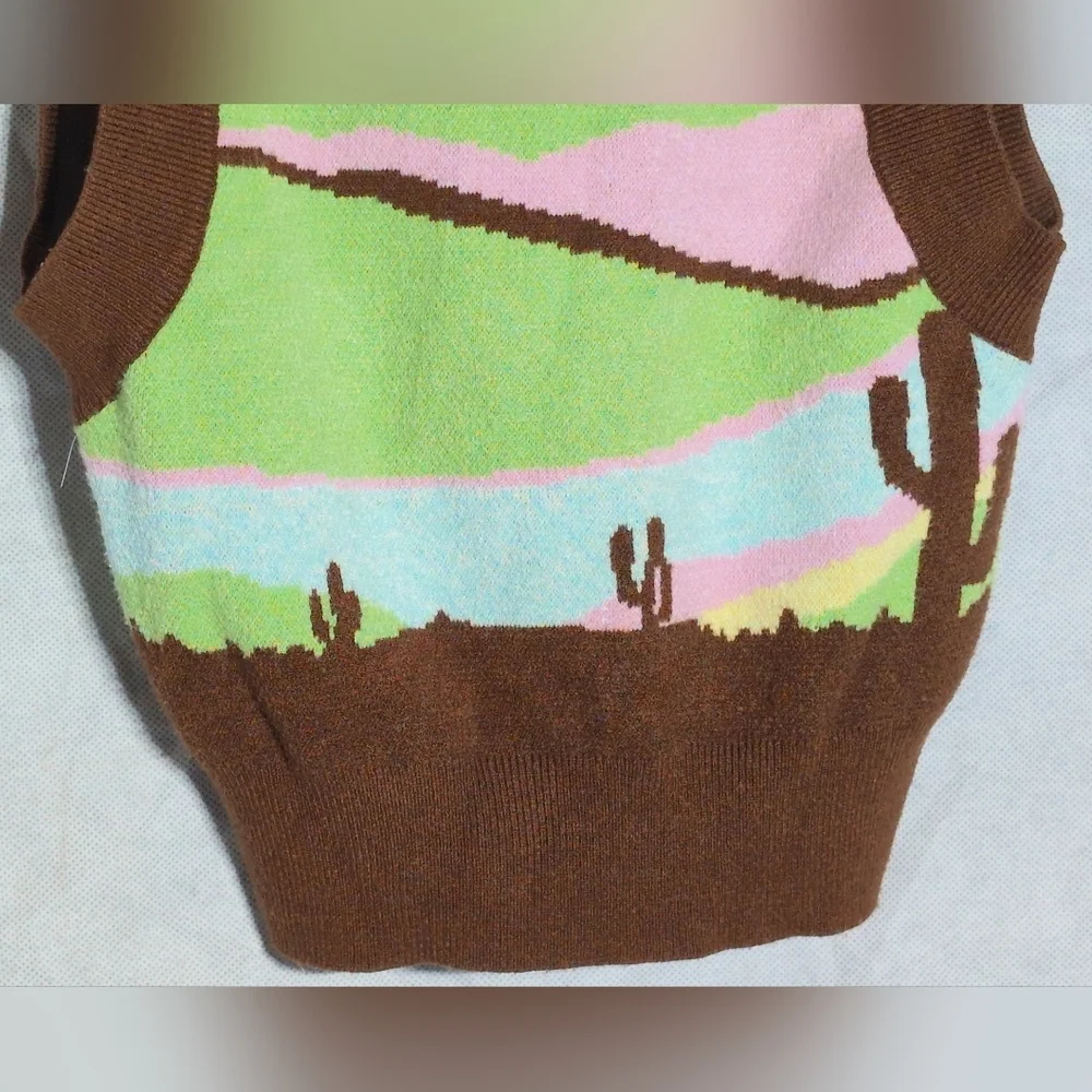 Bershka Brown Cactus Scene Sz S Multicolor Sweater Vest - Picture 6 of 7